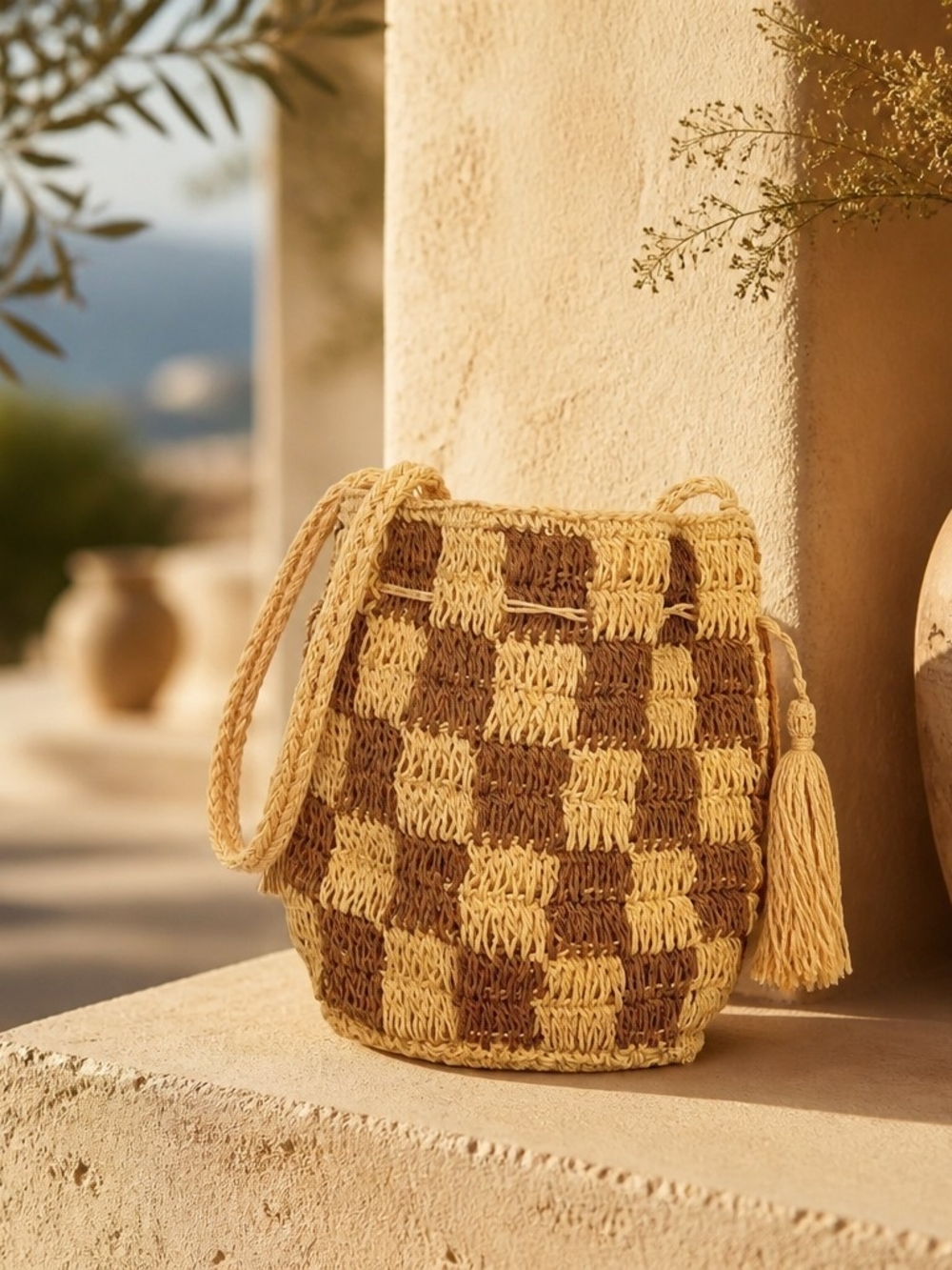 Handwoven Checkered Shoulder Bucket Bag in Natural and Brown